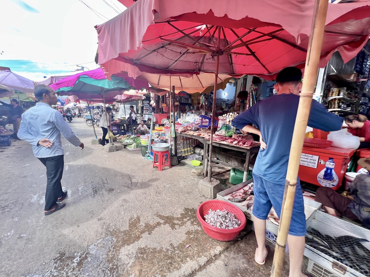 Bustling Psar Leu Market in Siem Reap with colorful umbrellas, fresh produce, meat, and fish stalls, and locals shopping in the busy open-air marketplace.